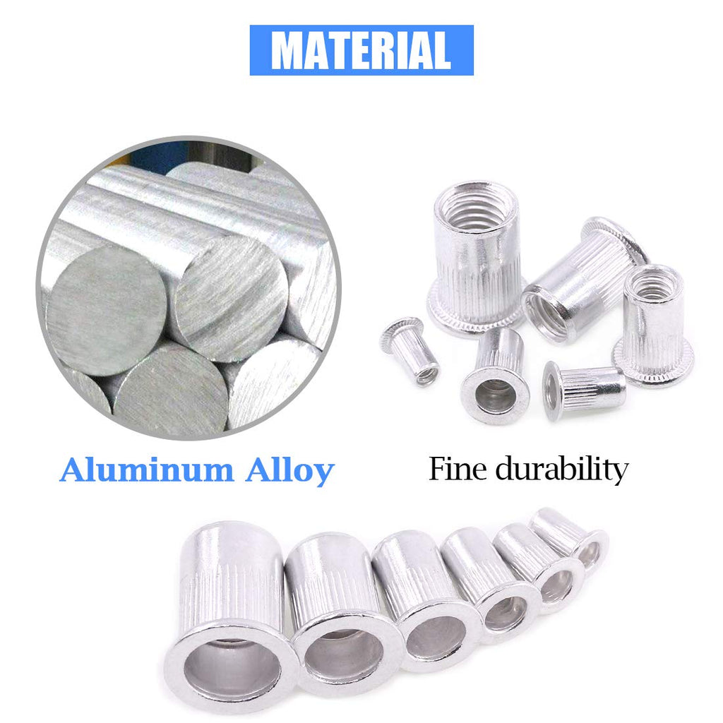 Glarks 210Pcs Aluminum Alloy M3 M4 M5 M6 M8 M10 Flat Head Metric Threaded Rivetnut Insert Nutsert Rivet Nut Assortment Kit