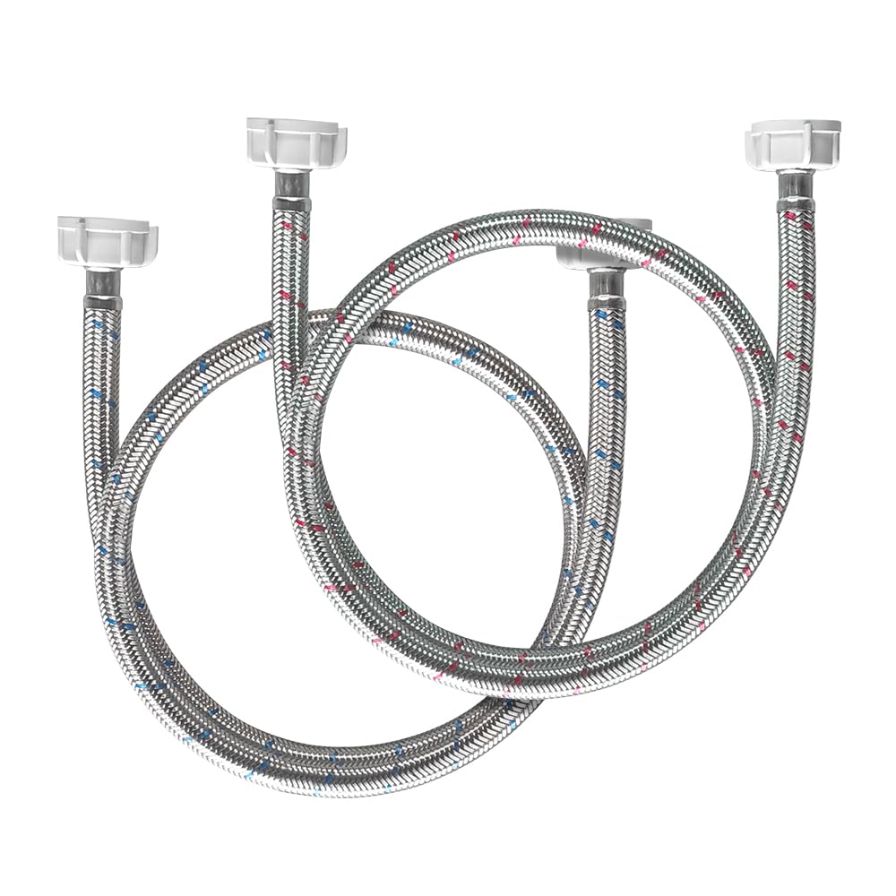 PLUMBINGMASTER Stainless Steel Washing Machine Supply Lines, Universal Braided Hoses, 4FT, 2 Pack (Red Blue, No Elbow)