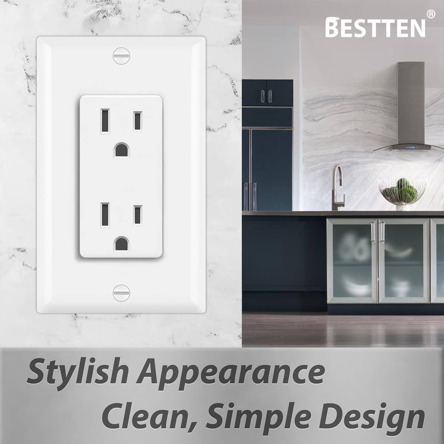 BESTTEN 10 Pack -15 Amp Decor Receptacle Outlet for Residential and Commerical Use, 15A/125V/1875W, Standard Electrical Wall Outlet, Decorator Wallplate Included, cUL Listed, White