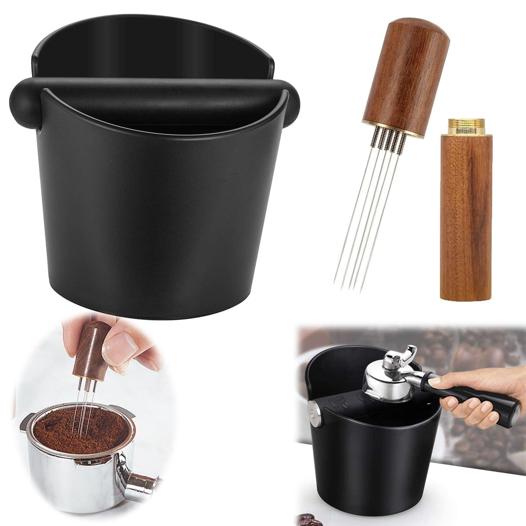 Asphodelia Coffee Knock Box and Coffee Stirrer,ABS Coffee Grind Knock Box, Shock-Absorbent Durable Grind Waste Bin with Removable Detachable Knock Bar and Non-Slip Base