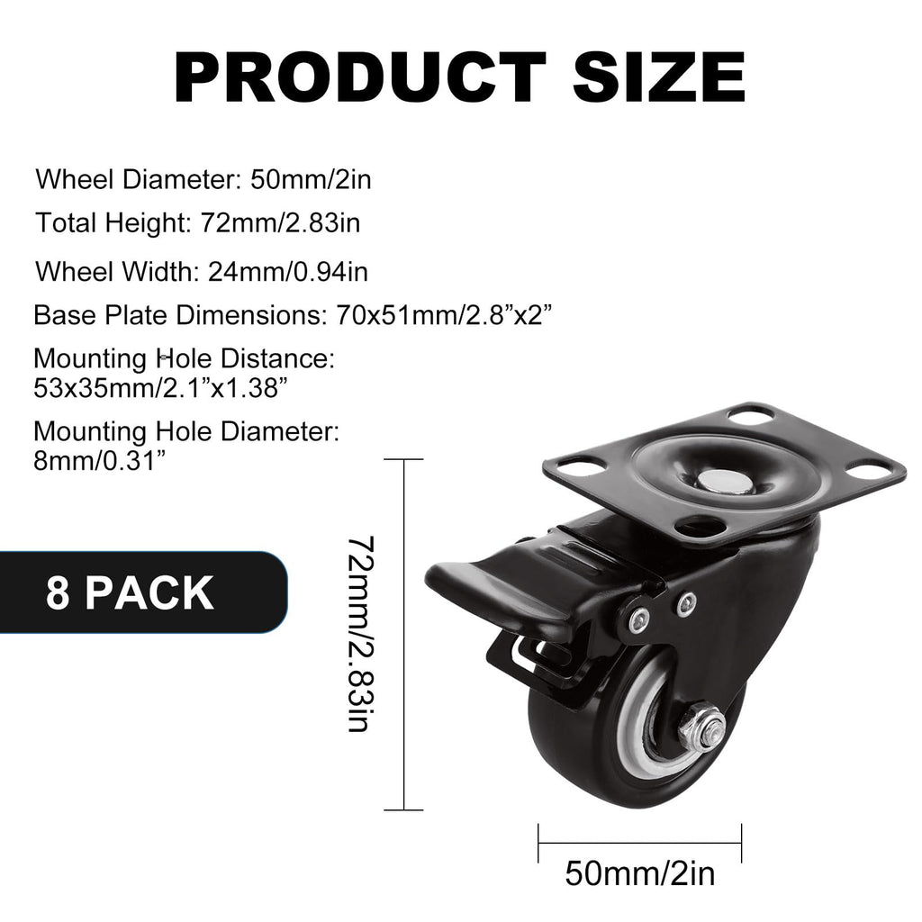 8 Set 2" Caster Wheels, Casters with Brake Heavy Duty Locking Casters with Polyurethane (PU) Wheels, Swivel Plate Castor Wheels for Cart, Furniture, Workbench