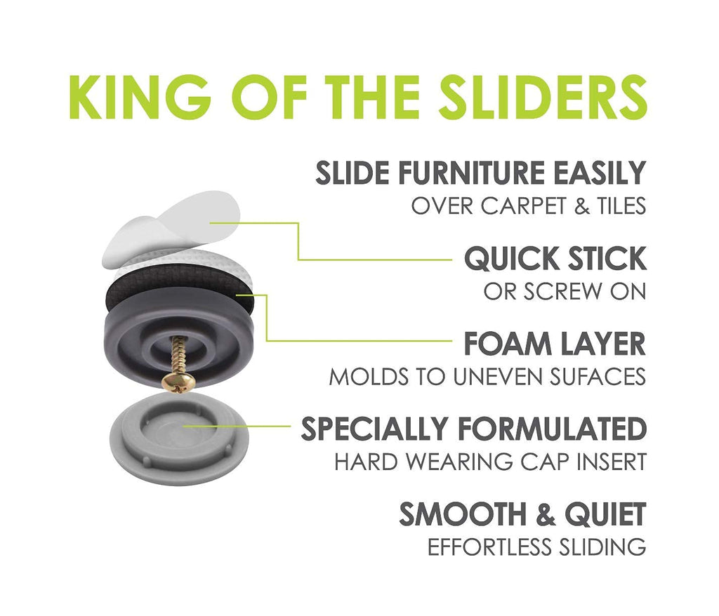 GorillaGlides 1 Inch (25mm) Chair Sliders/Floor Protectors (16 Furniture Glides) Screw-On or Self-Adhesive, for Sliding on Carpet & Hard Surface Floors, Round, CB253-16
