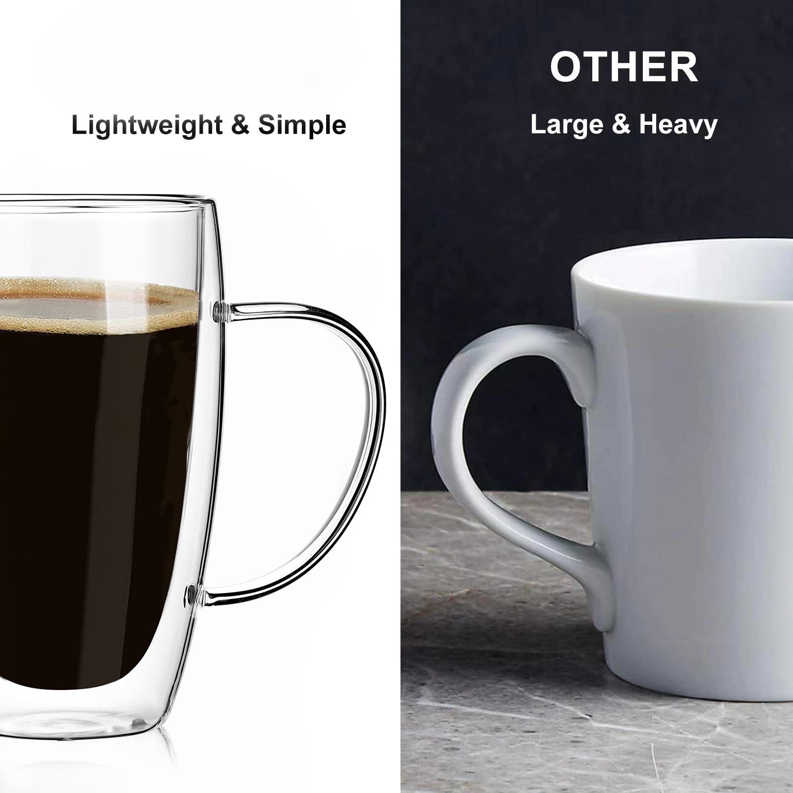 2-Pack 15 Oz Double Walled Glass Coffee Mugs with Handle,Tasse à café en verre Double paroi,Insulated Layer Coffee Cups,Clear Borosilicate Thermal Glass Mugs,Fit for Cappuccino,Tea,Latte,Hot Beverage