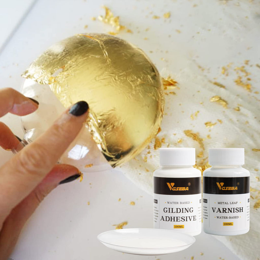 Gold Leaf Gilding Adhesive Set, 100ml Epoxy Resin Water Based Metal Leaf Glue and 100ml Varnish for Crafts, Arts, Wood, Glass (Come with 2 Brushes+2 Gloves)