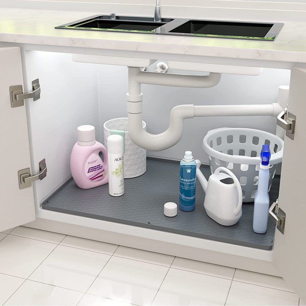 CATECASE Under Sink Mat, 31'' x 22'' Under Sink Mats for Kitchen, Waterproof Silicone Under Sink Liner Drip Tray, Sink Cabinet Protector Mats for Kitchen (Gray)