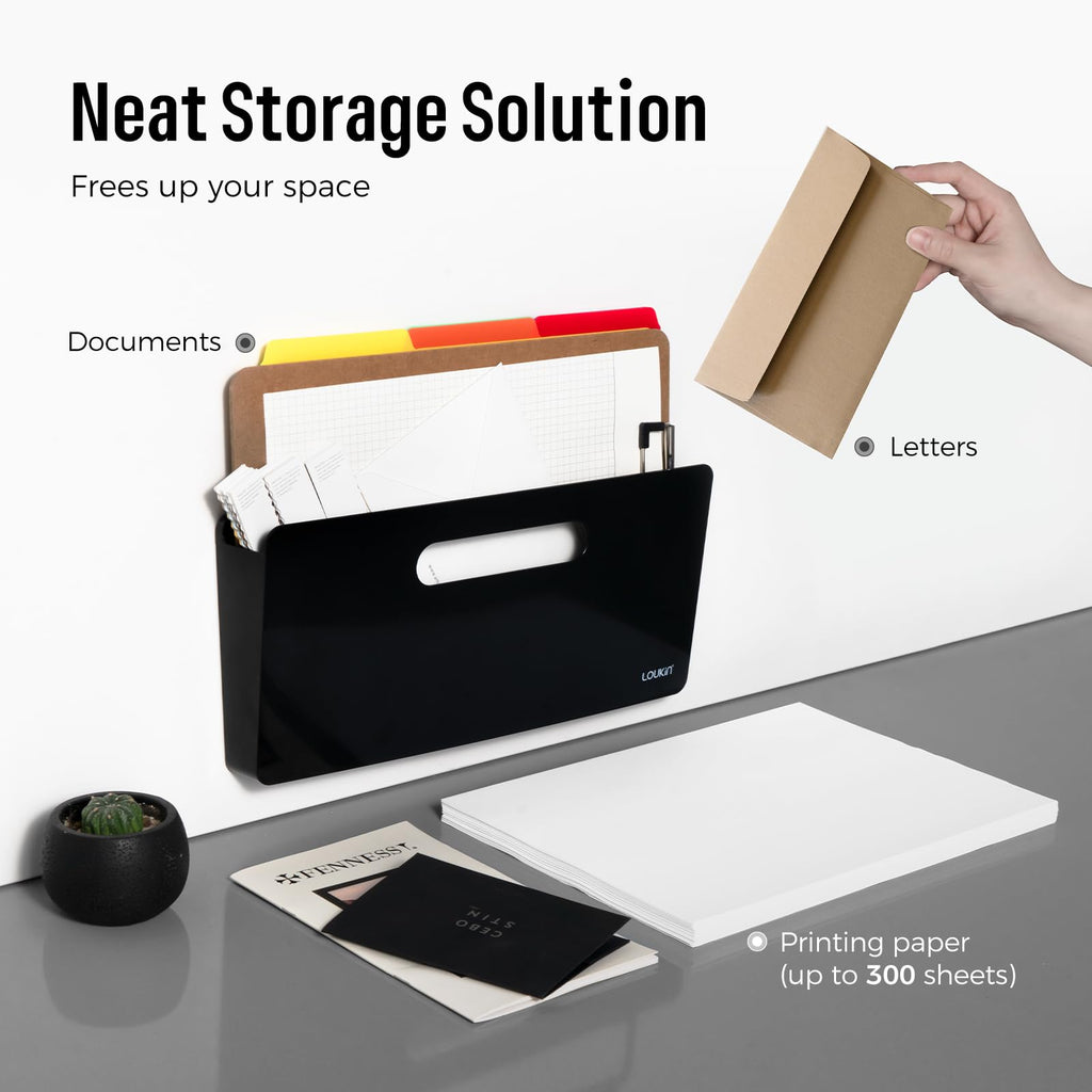 loukin Magnetic File Holder, Vertical File Folder Organizer, Wall Mount File Organizer for Whiteboard, Refrigerator, File Cabinets, Office Wall Organizer for Mail, Paper, Documents, Letters (Black)