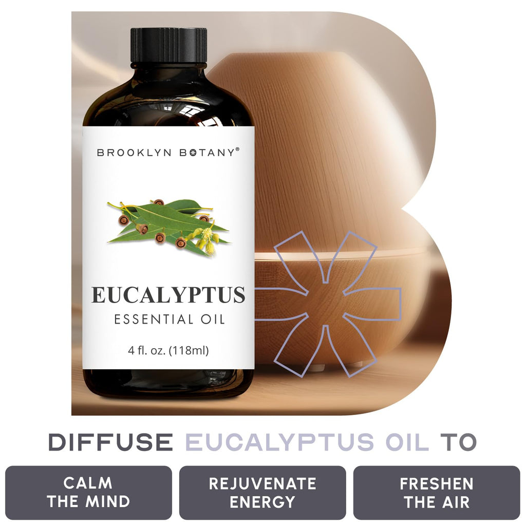 Brooklyn Botany Eucalyptus Essential Oil - Huge 118 ml - 100% Pure and Natural - Premium Grade with Dropper - for Aromatherapy and Diffuser