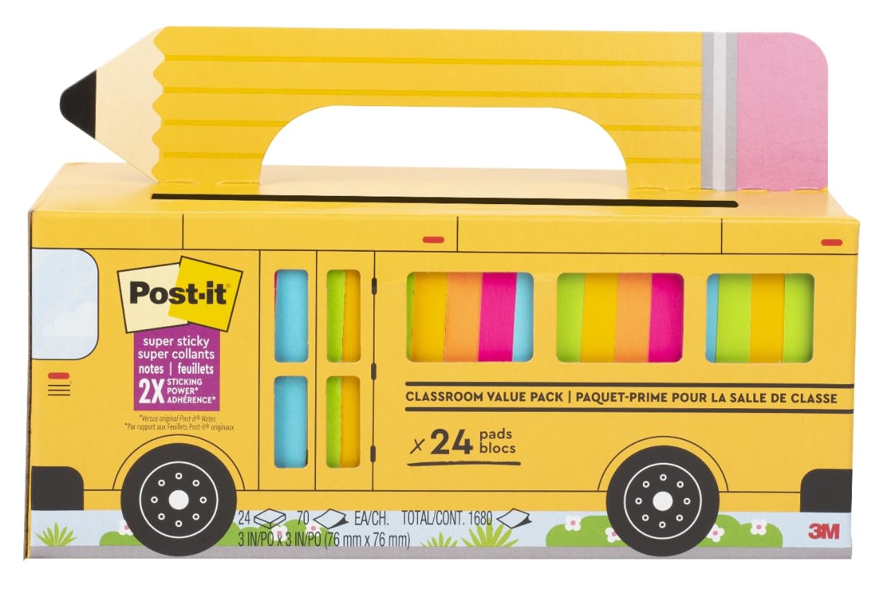 Post-it Super Sticky Notes Value Pack, 24 Pads, Convenient School Bus Carry and Storage Case, 2X The Sticking Power, 3x3 in, Bright Colors (Orange, Pink, Blue, Green, Yellow), Recyclable (654-24SSBUS)