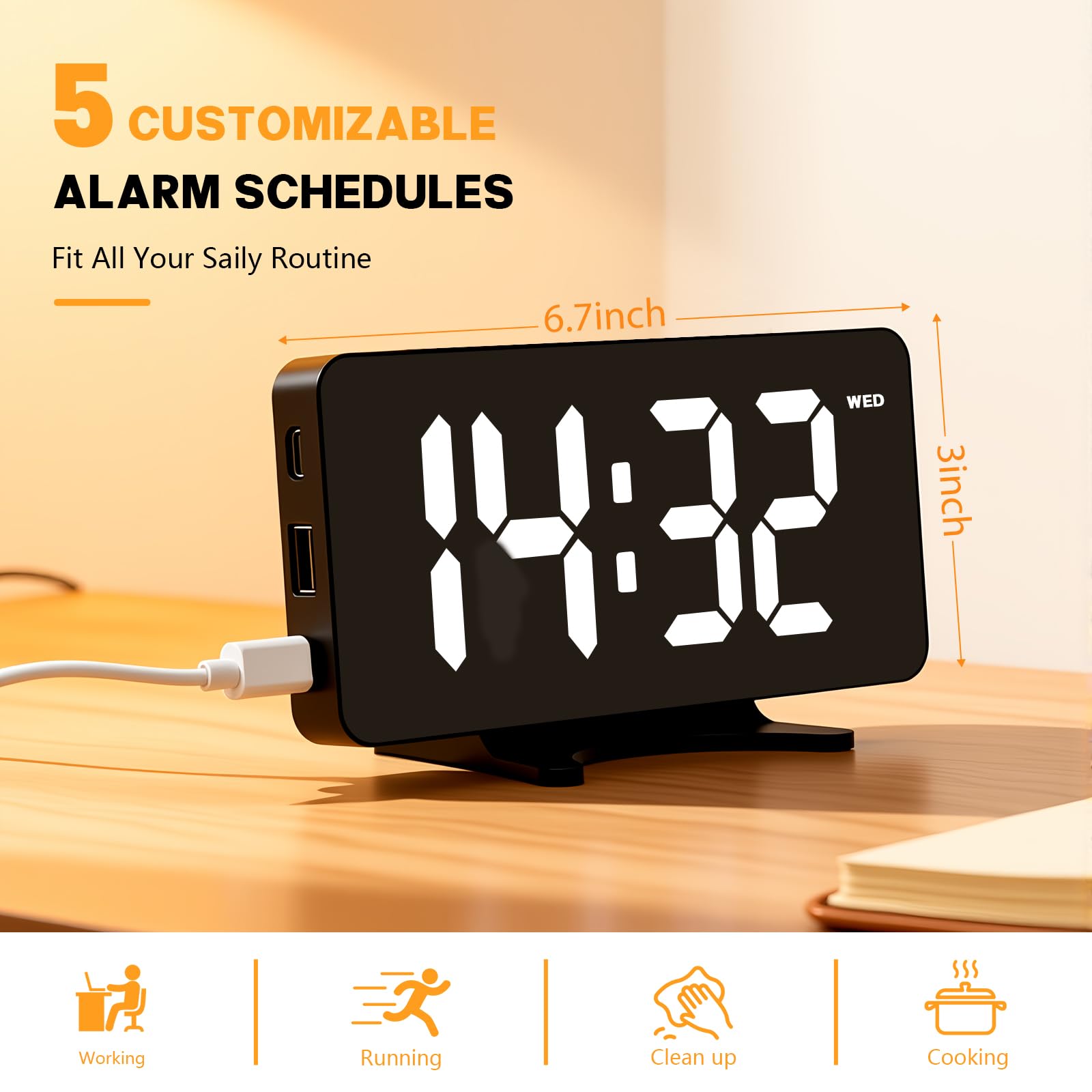 Digital Alarm Clock for Bedroom, Easy Setup Electronic Dual Alarm Clock with Large Numbers, Power-Off Memory Adjustable Brightness Bedside Clock with 5 Alarm Modes, 12/24H Display for Home, Office