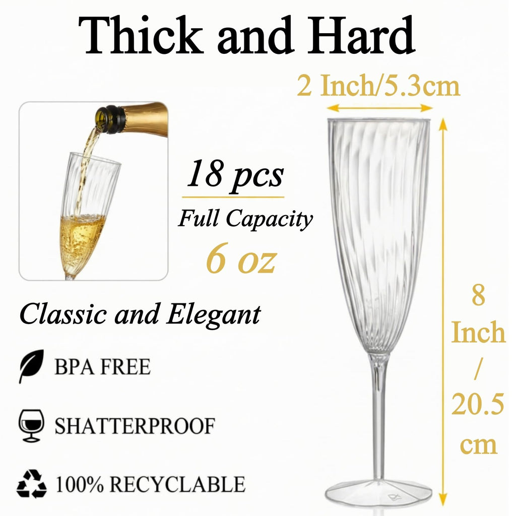 Tebery 18 Pack Clear Plastic Champagne Flute, 6 Oz Shatterproof Wine Toasting Glasses, BPA-Free Ribbed Champagne Tasting Flutes for Party Wedding Cocktails Mimosas Daily Life