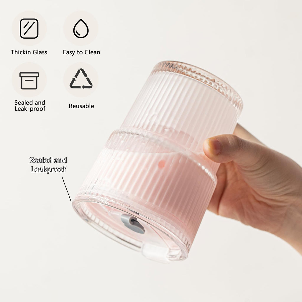 INSETLAN 13oz Glass Tumbler with Lid and Straw 4 Pack - Ribbed Glass Cup Iced Coffee Glasses, Clear Leakproof Tumbler Cup for Smoothies, Iced Latte,Matcha, Cold Drinks