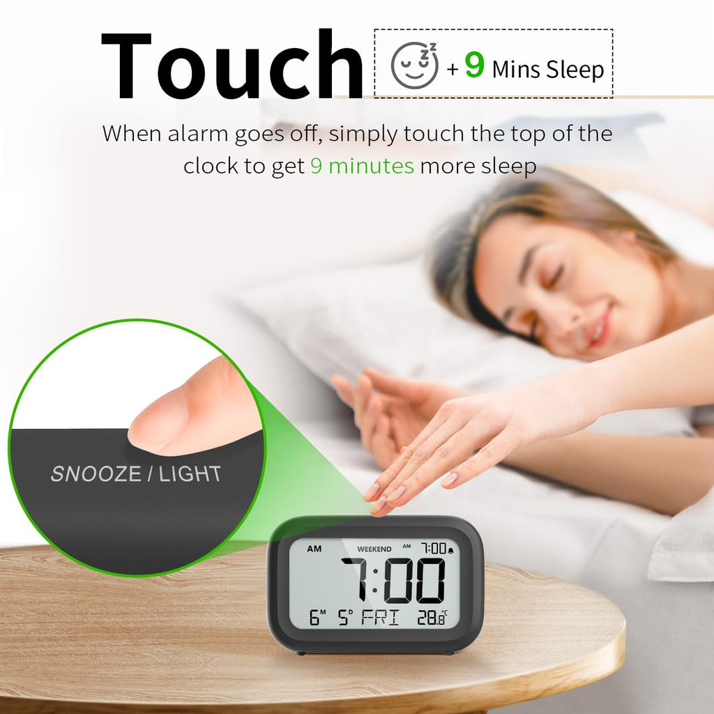 DOOMAY Digital Alarm Clock Bedside - Battery Powered Clock with LCD Display Volume Adjustable Snooze and Weekend Mode for Bedroom Office Desk Travel (Black)