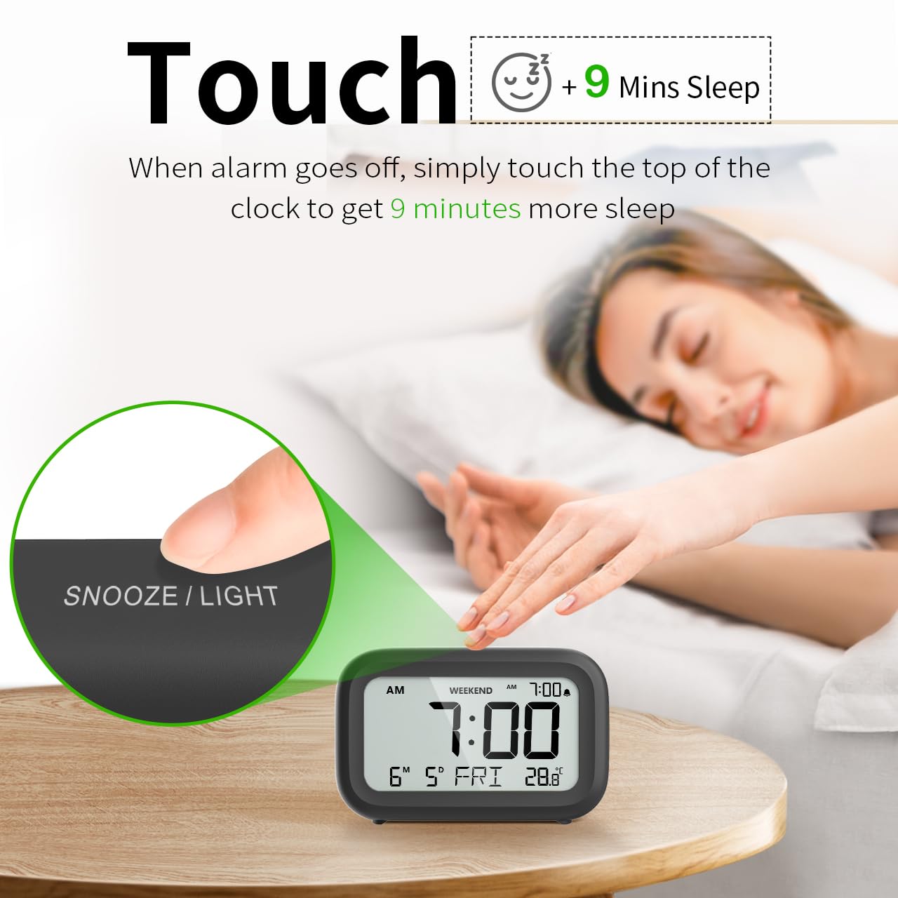 DOOMAY Digital Alarm Clock Bedside - Battery Powered Clock with LCD Display Volume Adjustable Snooze and Weekend Mode for Bedroom Office Desk Travel (Black)