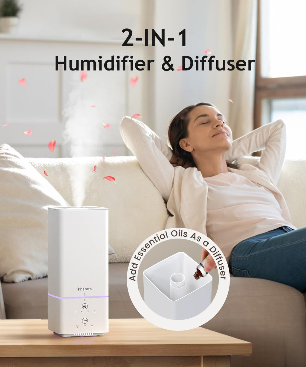 Pharata Humidifiers for Bedroom Home Baby, 2L Top Fill Cool Mist Air Humidifier with 7 Color Atmosphere Light, Small Ultrasonic Quiet Humidifier for Nursery & Plants, (White)