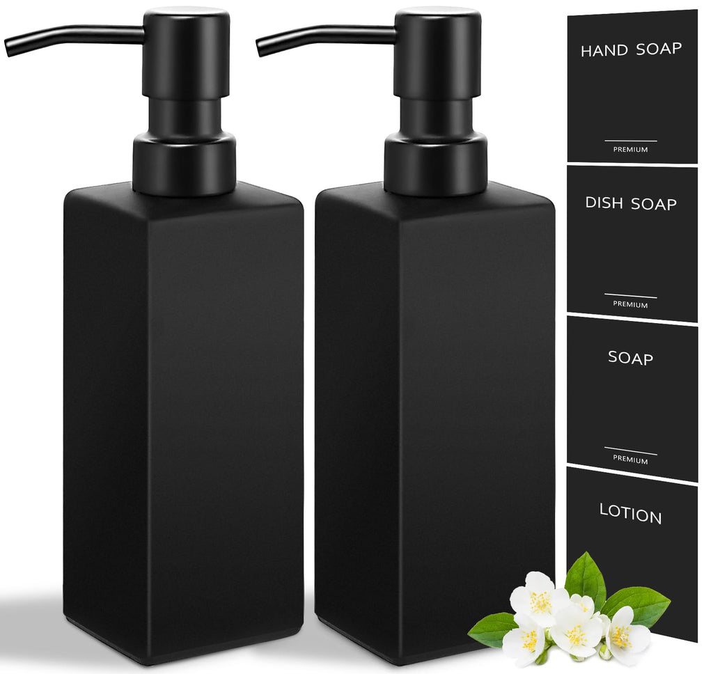 GMISUN Black Soap Dispenser, Hand Soap Dispensers Bathroom, 12oz Glass Soap Dispenser with Stainless Steel Pump, Dish Soap Dispenser for Kitchen, Bathroom/Kitchen Liquid Soap Dispenser Set, 2-Pack
