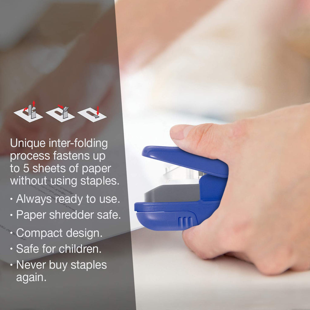Plus Paper Clinch Compact Staple-Free Stapler, Blue