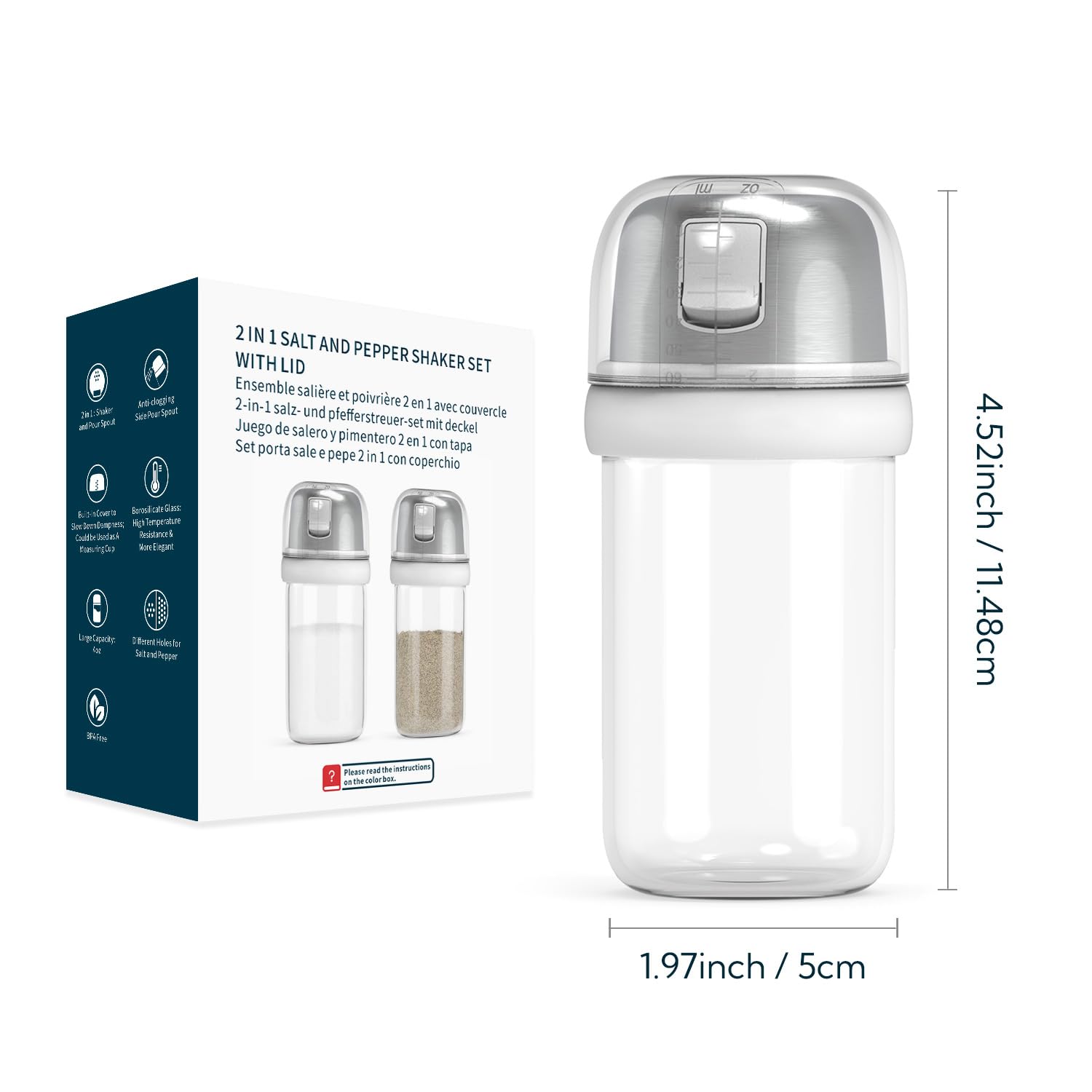 KTCHENDAO 2 in 1 Glass Salt and Pepper Shaker with Side Pour Spout, Built-in Lid to Slow Down Dampness with Measuring Marks, Elegant Borosilicate Glass Salt Dispenser for Kitchen, BPA Free,4oz (White)