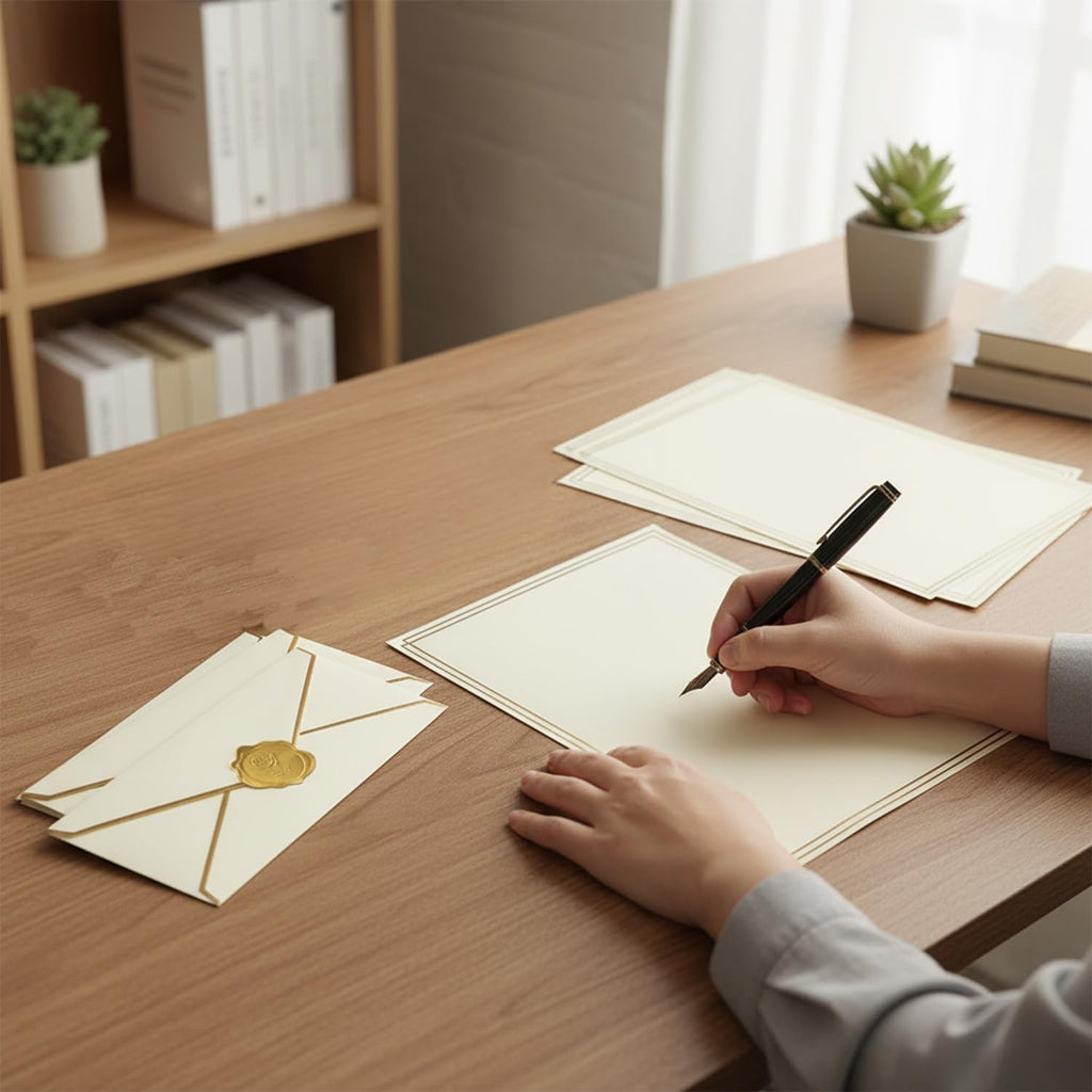 Acidea 150 Pieces Stationery Set with Gold Border, Luxury Gold Border Business Envelopes Letter Writing Paper Stickers, Letter Paper and Envelopes Set for Birthday Wedding Invitation Love Letters