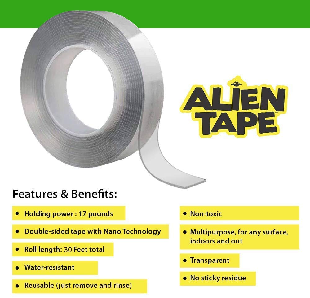 Alientape Nano Double Sided Tape Reusable Washable Transparent Traceless Multi-Purpose Adhesive Tape with Nano-Grip Technology for Indoor and Outdoor Mounting Tape As Seen On TV (Set of 3)