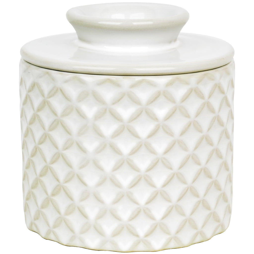 French Butter Crock, Ceramic Butter Dish with Lid, Water-Sealed Butter Keeper Keeps Butter Soft & Spreadable, Kiln Weave White, Housewarming Gift, 8 oz (250g)