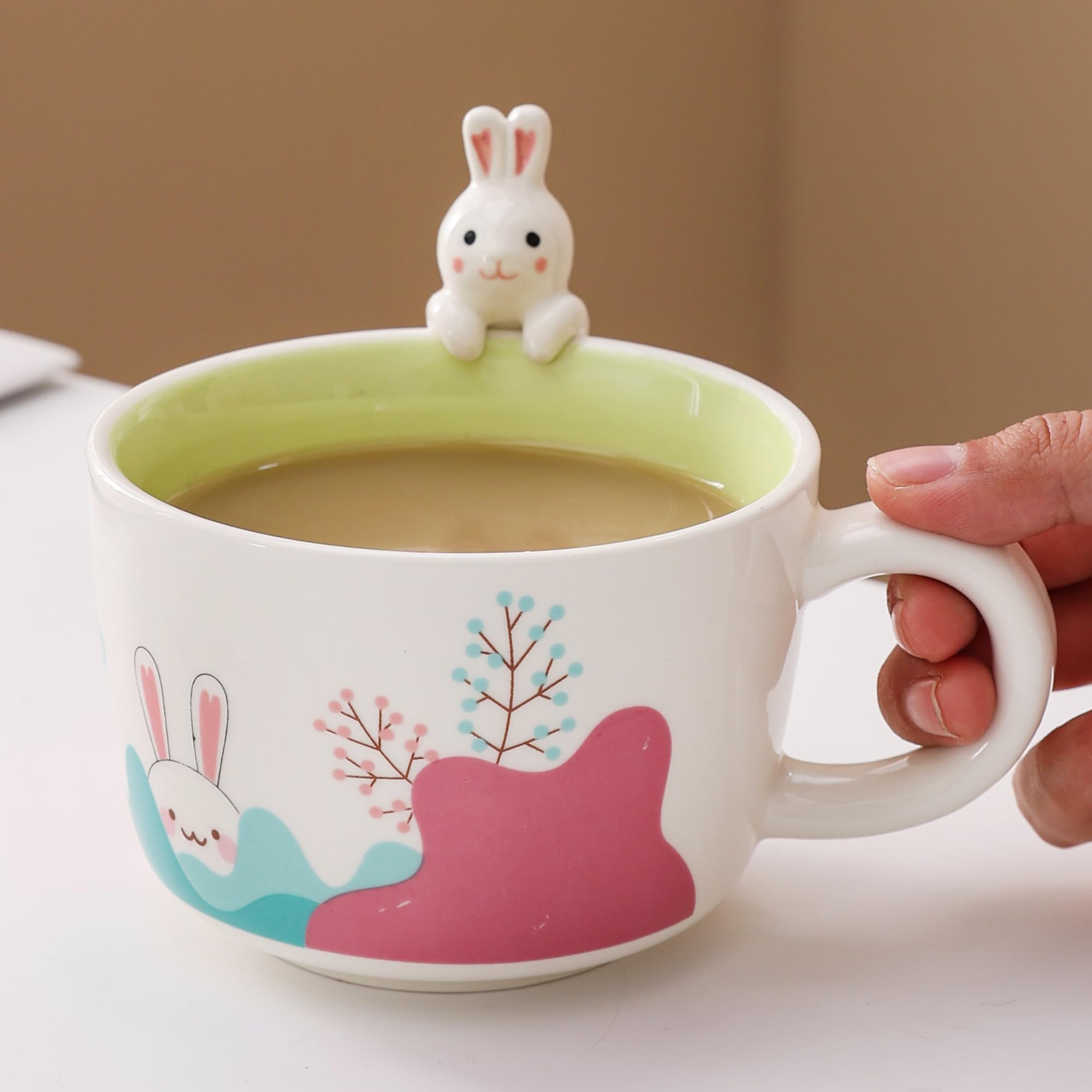 lpylxingyan Cute 3D Animal Coffee Mugs: Funny Handmade Ceramics Cups with Rabbit, Cow, Sloth, Fox, Lion for Kids Gift. (rabbit)