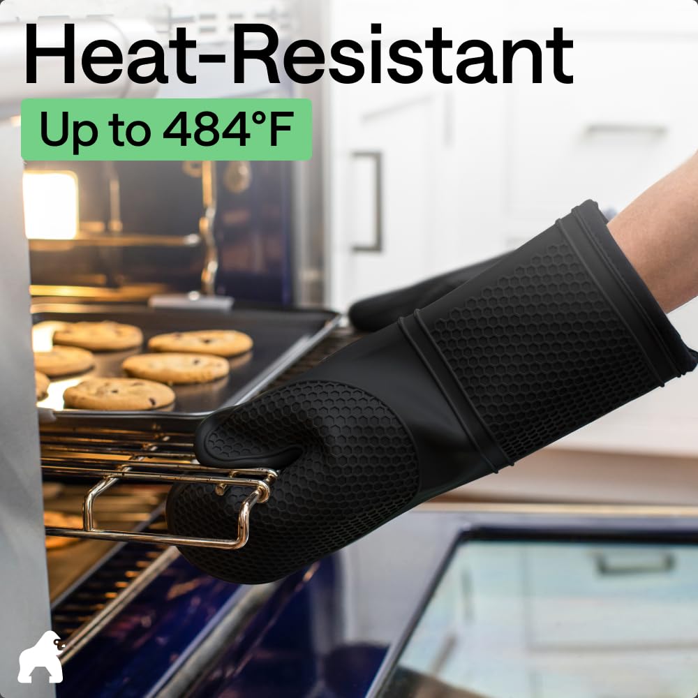 GORILLA GRIP Heat Resistant Silicone Oven Mitts Set, Soft Quilted Lining, Extra Long, Waterproof Flexible Gloves for Cooking and BBQ, Kitchen Mitt Potholders, Easy Clean, Set of 2, Black