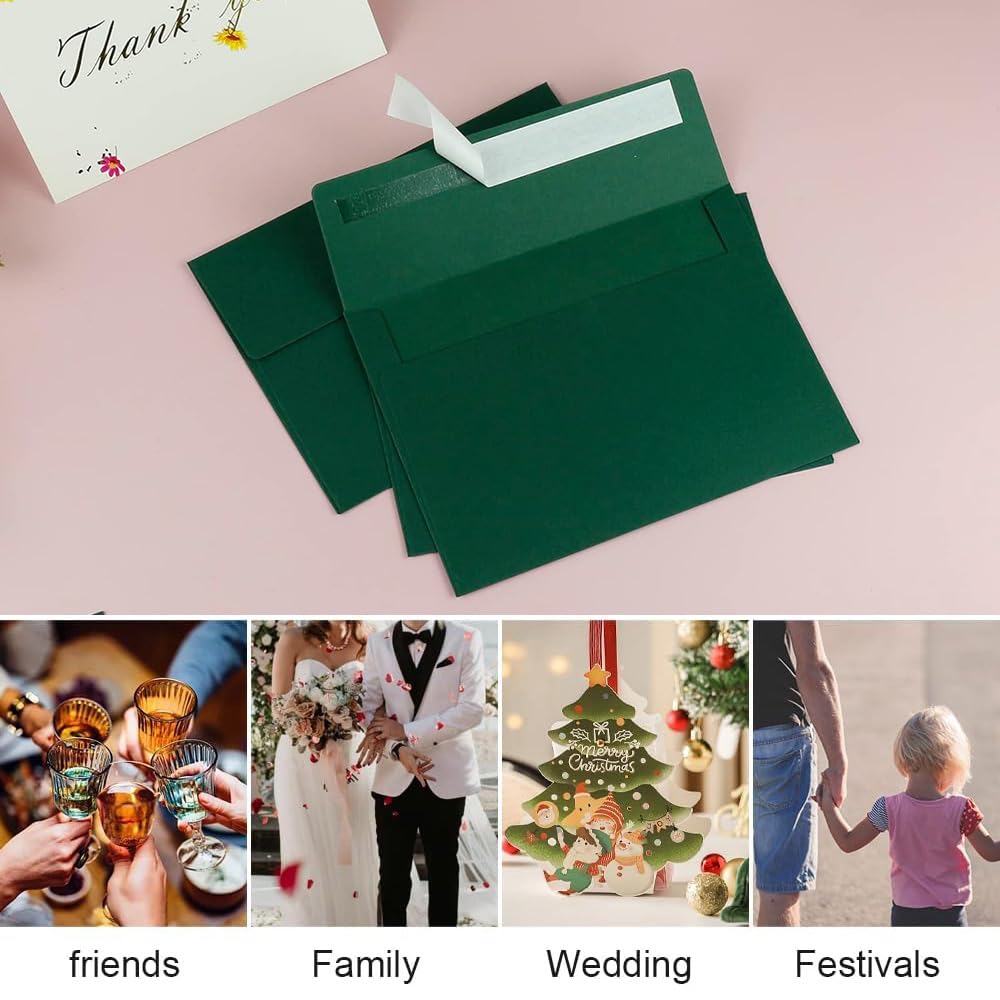 BEANPRECOY 100 Pcs A7 Envelopes, Self-Adhesive Envelopes, 5x7 Envelopes, Printable Invitation Envelopes for Weddings Invitations, Party Invitations, Photos, Postcards, Greeting Cards (Dark Green)