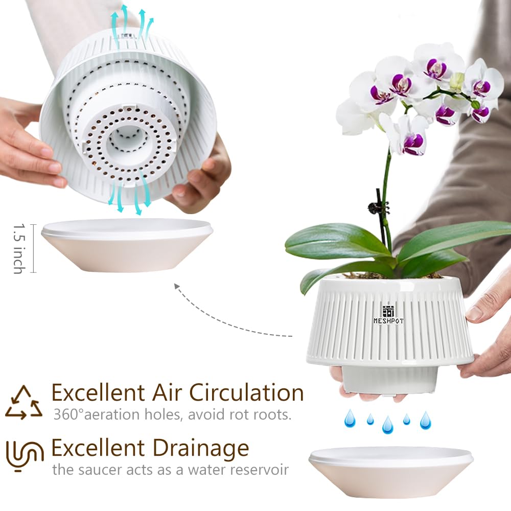 Meshpot 5 inch Orchid Pots with Holes for Repotting,Set of 1,Decorative Orchid Planter with Air-Pruning and Good Air Circulation,Plastic White Orchid Container with Saucers