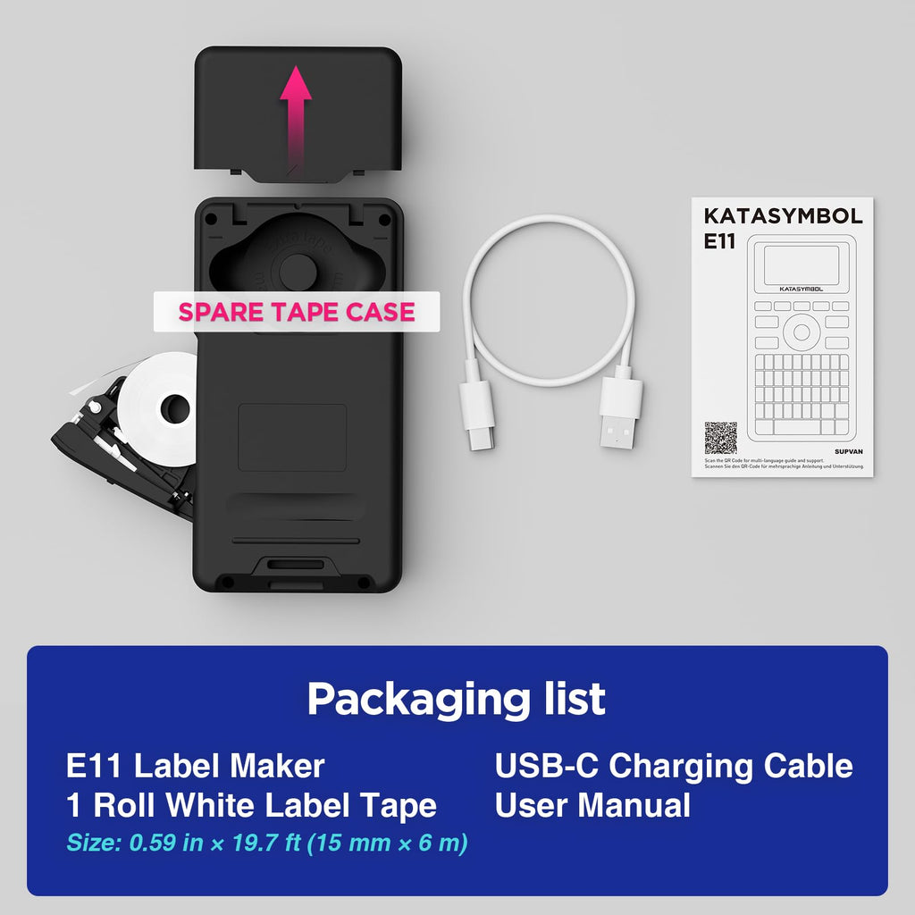 SUPVAN E11 Bluetooth Label Maker Machine with Tape, Support Keyboard & App with 30+ Fonts and 660+ Icons, Rechargeable Inkless Labeler for Home, Kitchen, Office, School, Organization, Black