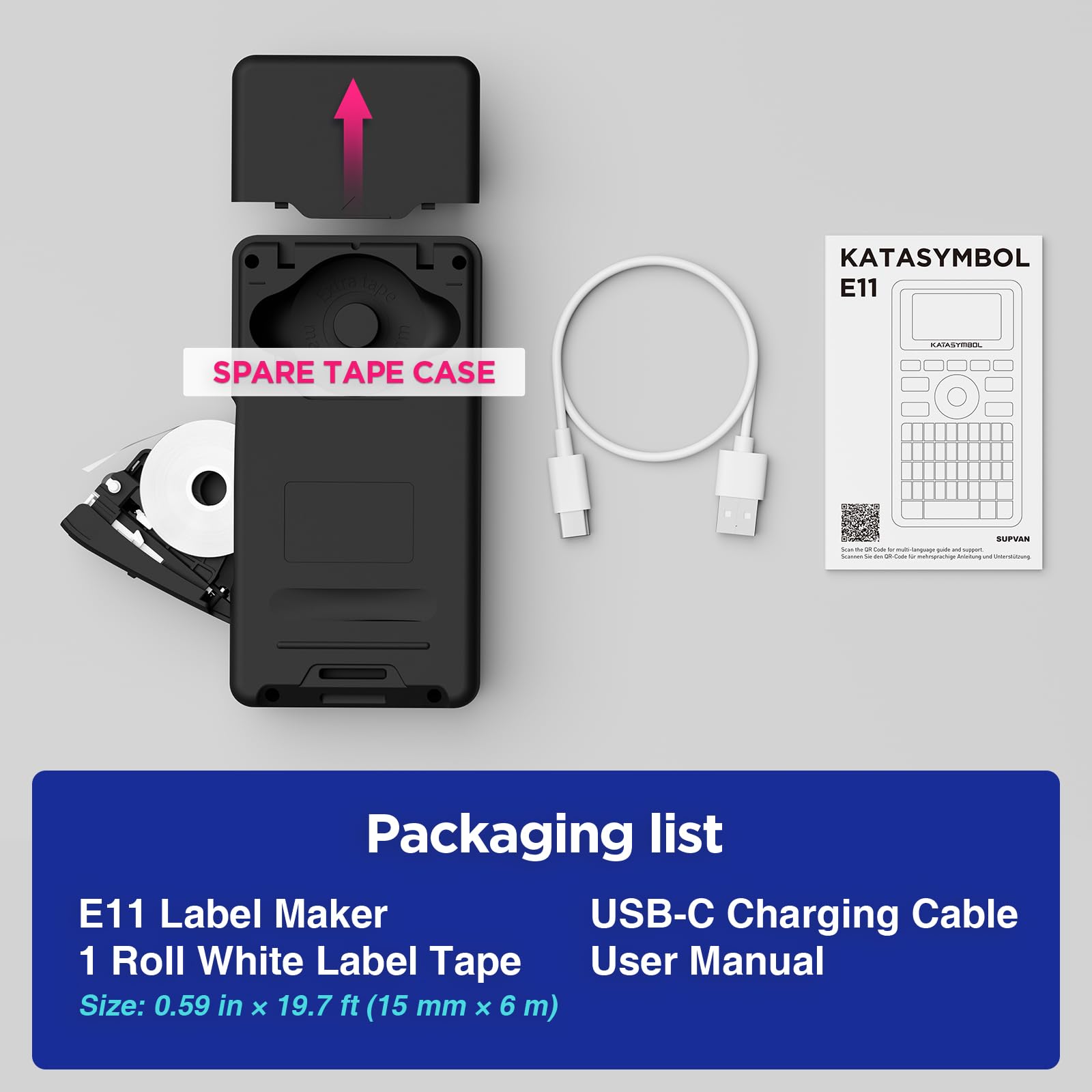 SUPVAN E11 Bluetooth Label Maker Machine with Tape, Support Keyboard & App with 30+ Fonts and 660+ Icons, Rechargeable Inkless Labeler for Home, Kitchen, Office, School, Organization, Black