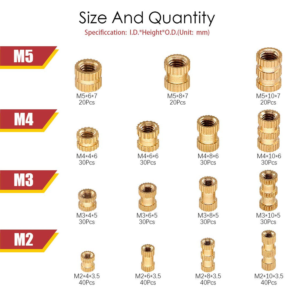 Hilitchi 460 Pcs M2 M3 M4 M5 Female Thread Brass Knurled Threaded Insert Embedment Nuts Assortment Kit, Embed Parts, Pressed Fit into Holes for 3D Prints and More Projects