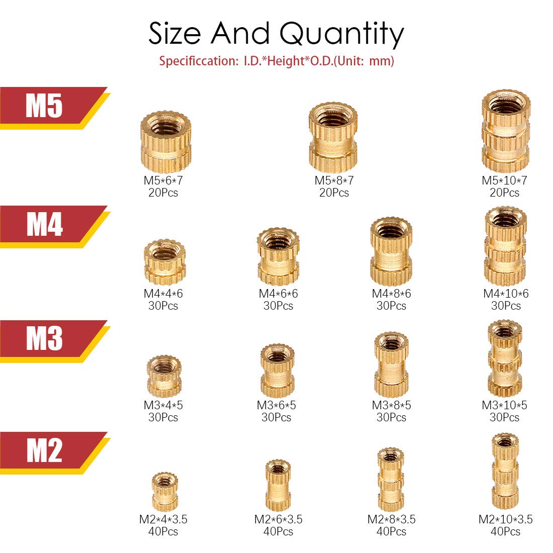 Hilitchi 460 Pcs M2 M3 M4 M5 Female Thread Brass Knurled Threaded Insert Embedment Nuts Assortment Kit, Embed Parts, Pressed Fit into Holes for 3D Prints and More Projects