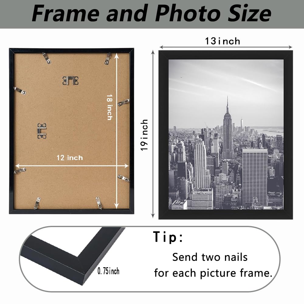 12x18 Picture Frames 2 Pack,Poster Frames Display Poster 11x17 with Mat or 12 x 18 Without Mat, Horizontal and Vertical Formats for Wall Mounting, Ideal for Home and Office Decor 12x18 Frame Black