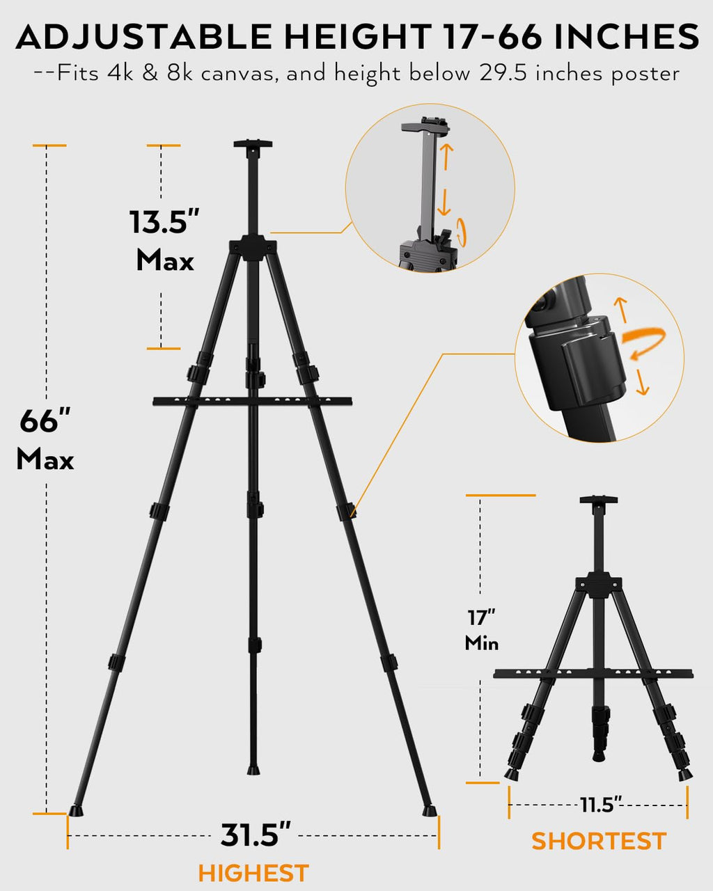 Nicpro Painting Easel for Display, Adjustable Height 17" to 66" Tabletop & Floor Art Easel, Metal Tripod Artist Easels Stand for Painting Canvas, Wedding Signs with Carry Bag - Black