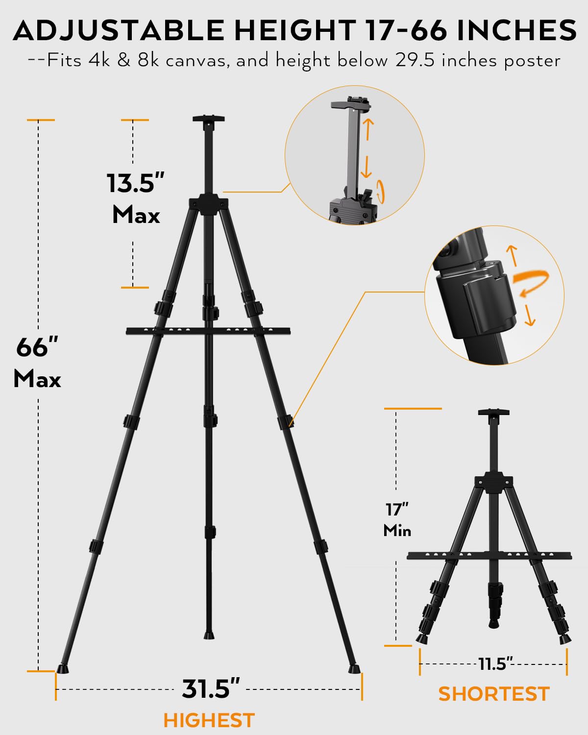 Nicpro Painting Easel for Display, Adjustable Height 17" to 66" Tabletop & Floor Art Easel, Metal Tripod Artist Easels Stand for Painting Canvas, Wedding Signs with Carry Bag - Black