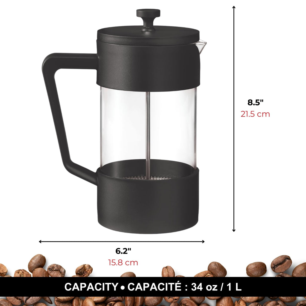Starfrit Gourmet French Press Coffee Maker - 34 oz (1 L) – 4 Minute Brew - Borosilicate Glass - Stainless Steel Filter – Perfect for Coffee and Tea – Black