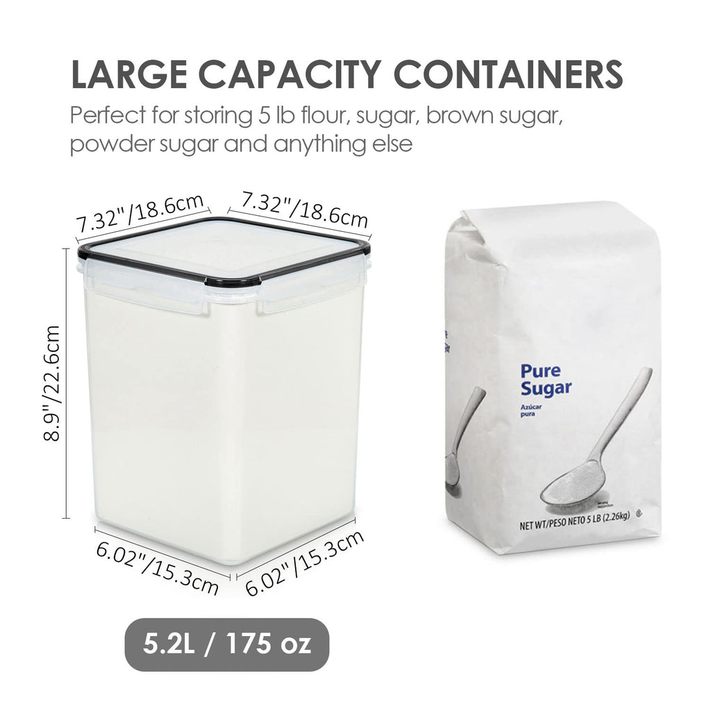 Vtopmart 4 Pcs Large Pantry Food Storage Containers 5.2L, 176oz, Plastic Airtight Kitchen Organizers and Storage for Flour, Cereal, and Pasta with 4 Measuring Cups and 24 Labels, Black