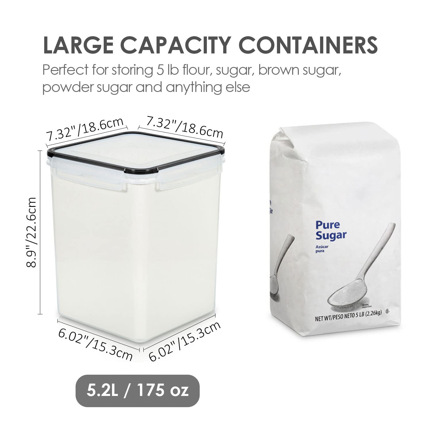 Vtopmart 4 Pcs Large Pantry Food Storage Containers 5.2L, 176oz, Plastic Airtight Kitchen Organizers and Storage for Flour, Cereal, and Pasta with 4 Measuring Cups and 24 Labels, Black