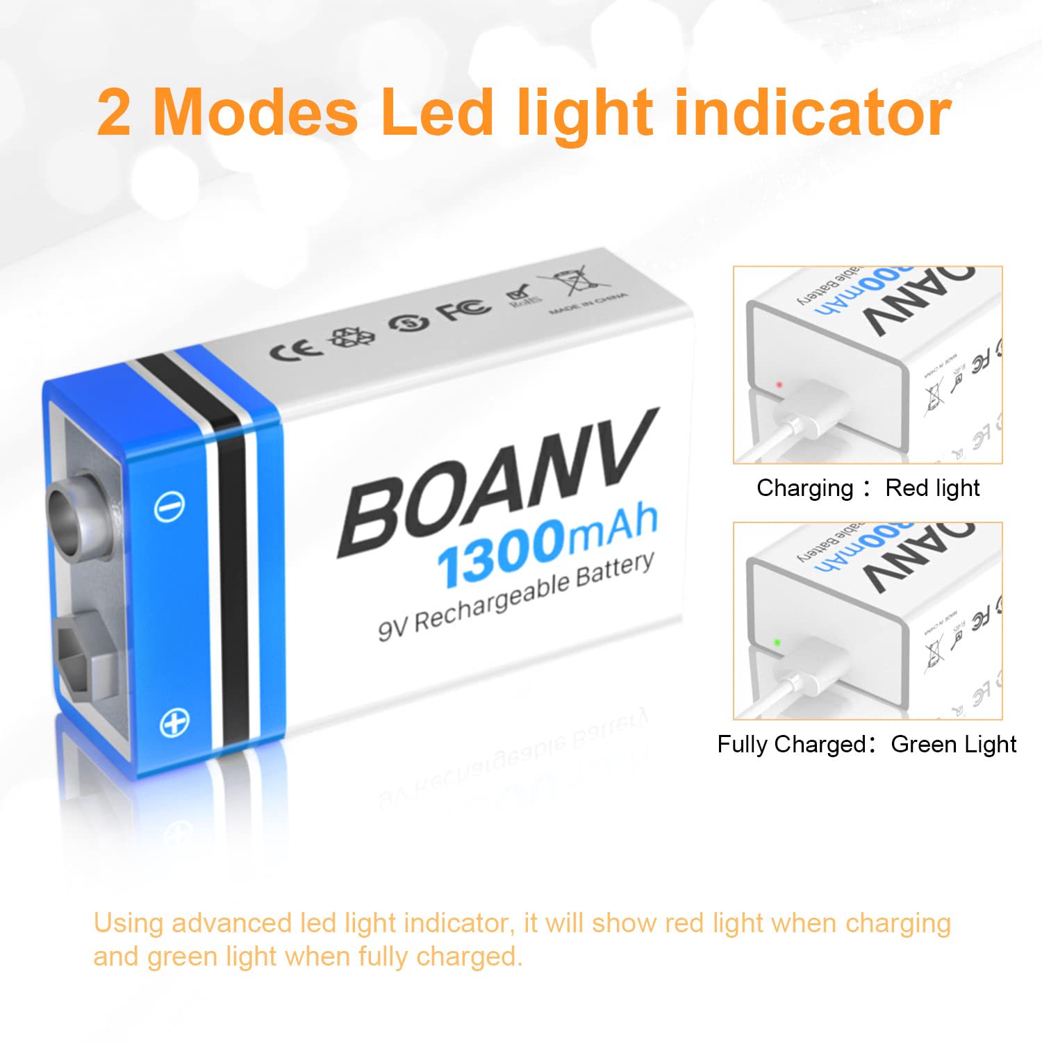 2PCS 1300mAh 9V Rechargeable Batteries, 9V Rechargeable USB Lithium Long Lasting Battery, with 2 in 1 Charging Cable, for Smoke Detectors, Alarms, Keypad, Microphone