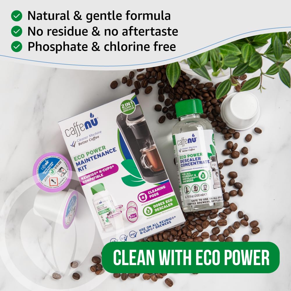Keurig Compatible Descaling Solution and Cleaner. 2 Descaler, 4 Cleaning Pods. Removes Limescale & Cleans Pod Area. Better Tasting & Hotter Coffee. 4 Uses of Descaler & Cleaner.