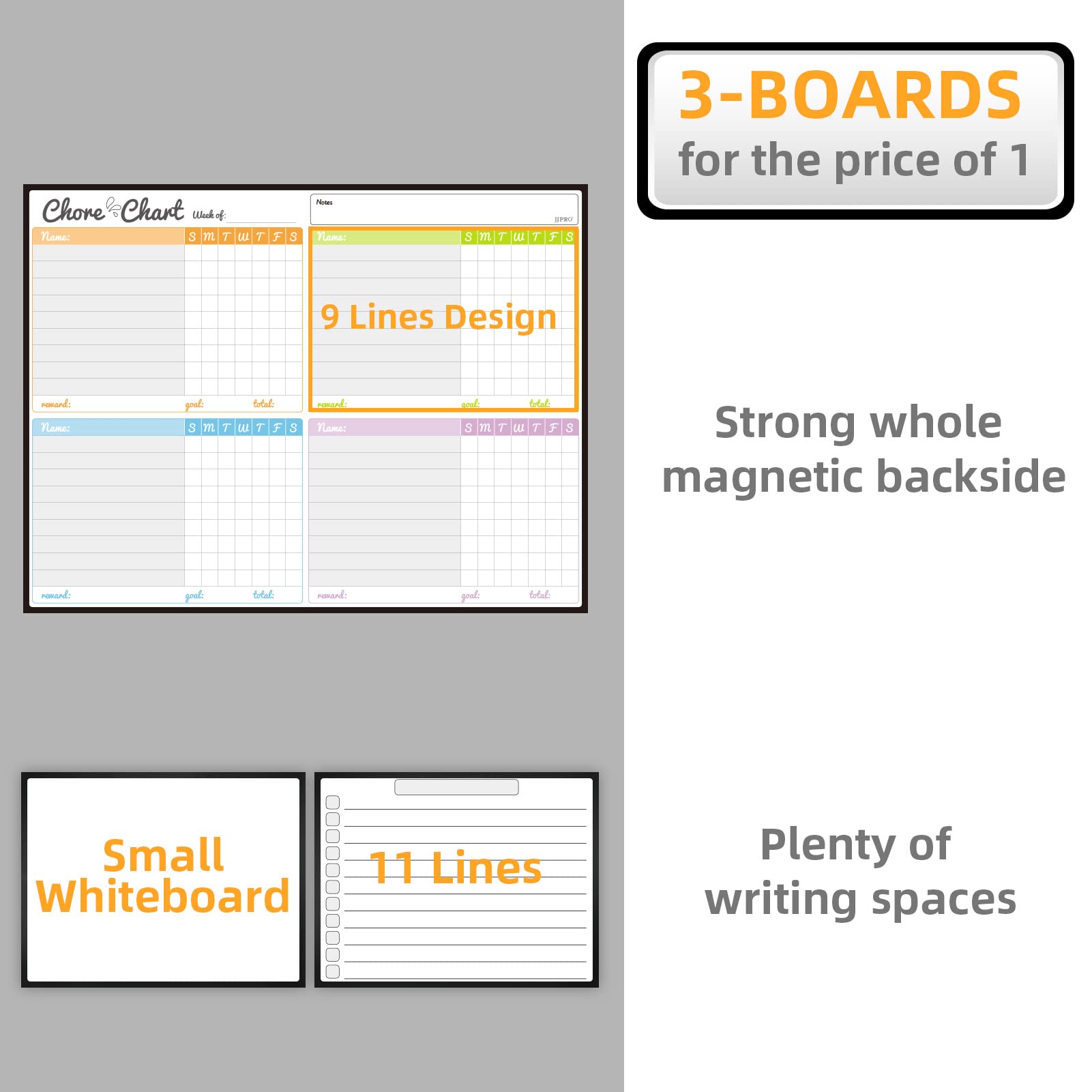 Magnetic Dry Erase Chore Chart Set for Fridge - Used for Multiple Kids - One Chore Chart and Two Bonus Dry Erase Pad/Grocery Boards - 6 Dry Erase Extra Fine Tips Markers Included!