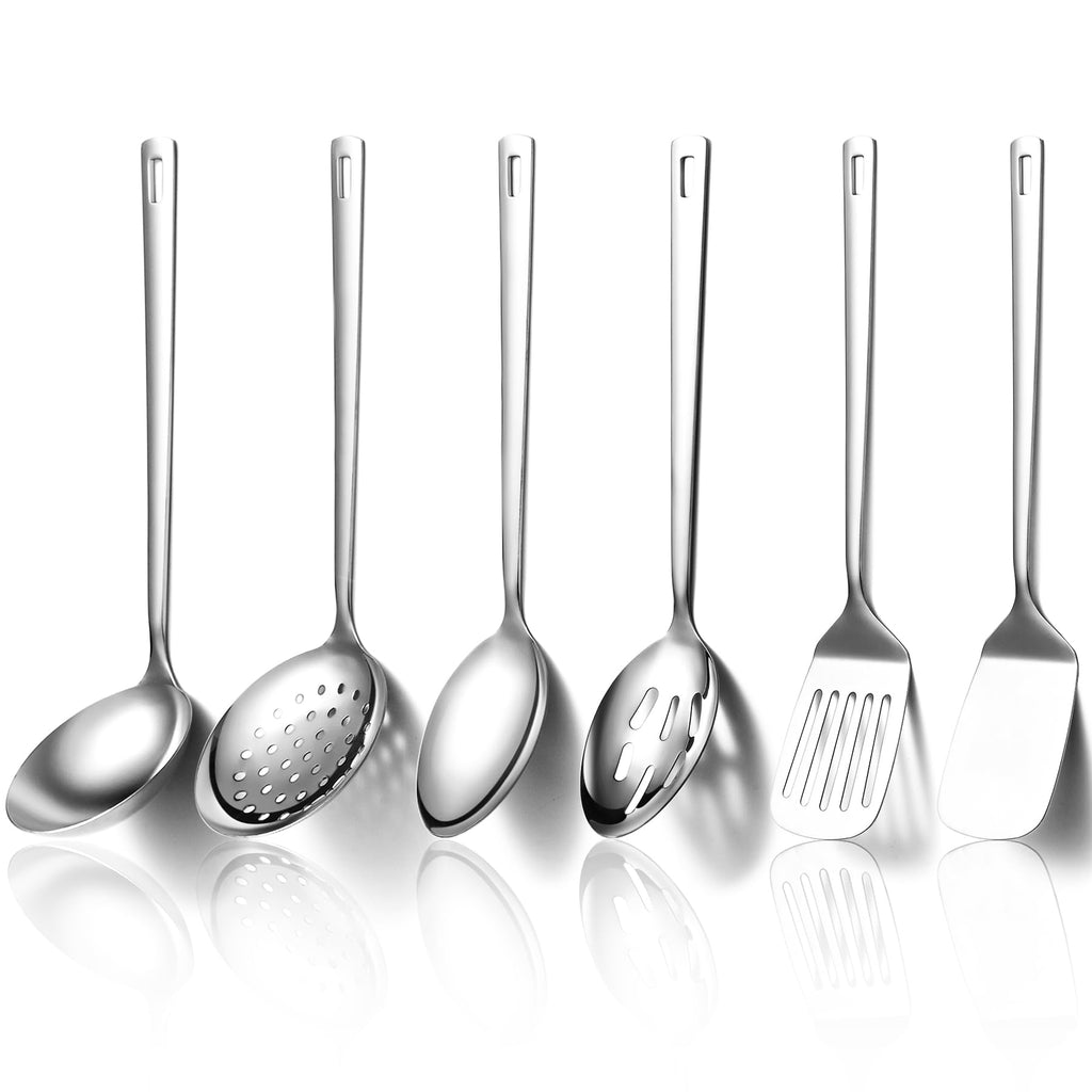 Evanda 6-Piece Modern Stainless Steel Cooking Utensils Set, Heavy Duty Kitchen Tools, Spatulas, Slotted Spoon, Ladle, Skimmer, Home Essentials Kitchen Gadgets Accessories