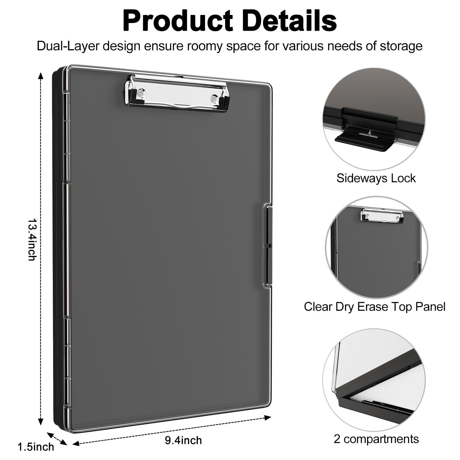 Clipboard with Storage, 8.5x11 Clip Boards with 2 Storage Case and A4 Paper Folder, Clear Dry Erase Top Panel, Heavy Duty Plastic, Folio & Side-Opening, for Nurses, Teacher, Lawers, Black