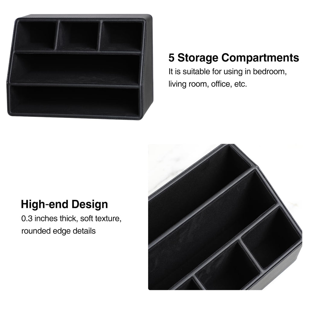 MEIBOOCH PU Leather Desk Organizer, Luxury Remote Control Holder for Home, Office Desk Accessories Table Caddy Bedside Nightstand Organizer (Black)