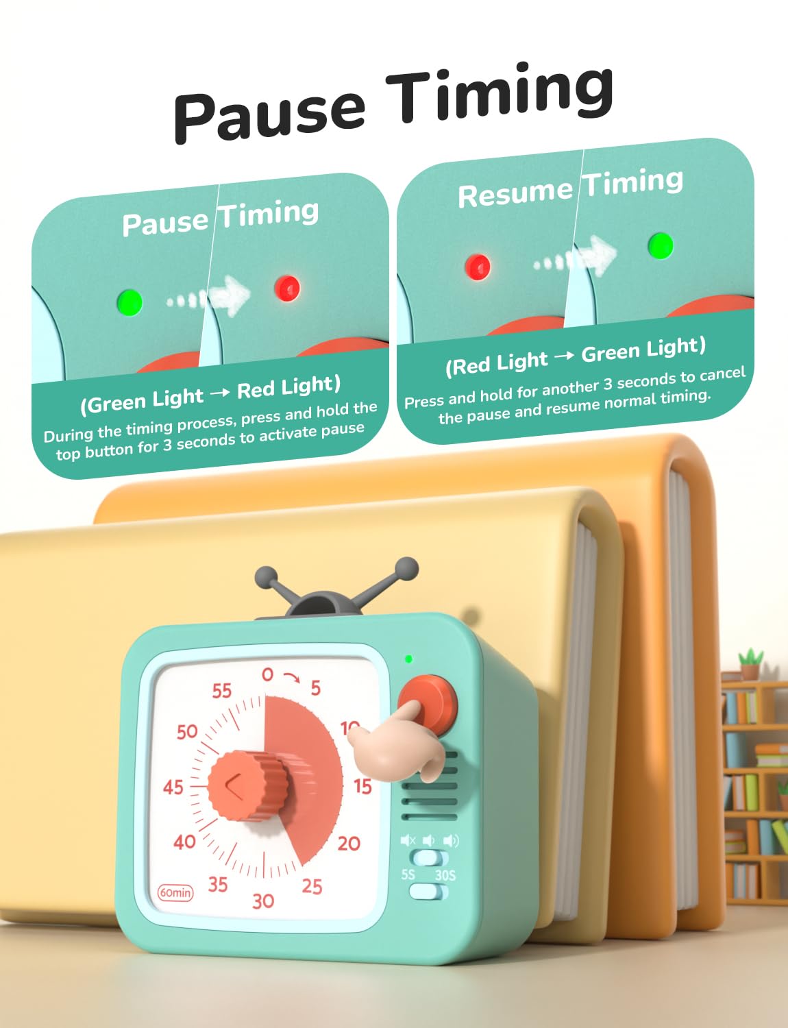 LIORQUE 60 Minute Visual Timer with Pause Function, Visual Timer for Kids and Adults, Time Management Countdown Timer for Classroom Cooking Meting, Non-Ticking Timer