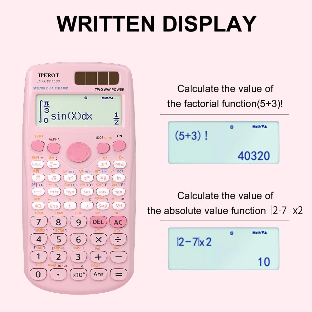 Scientific Calculators, IPEROT Solar Scientific Calculator Large Screen 417 Function, Calculators Very Suitable for High School and College Students Calculus Algebra and Other Math Textbooks (Pink)