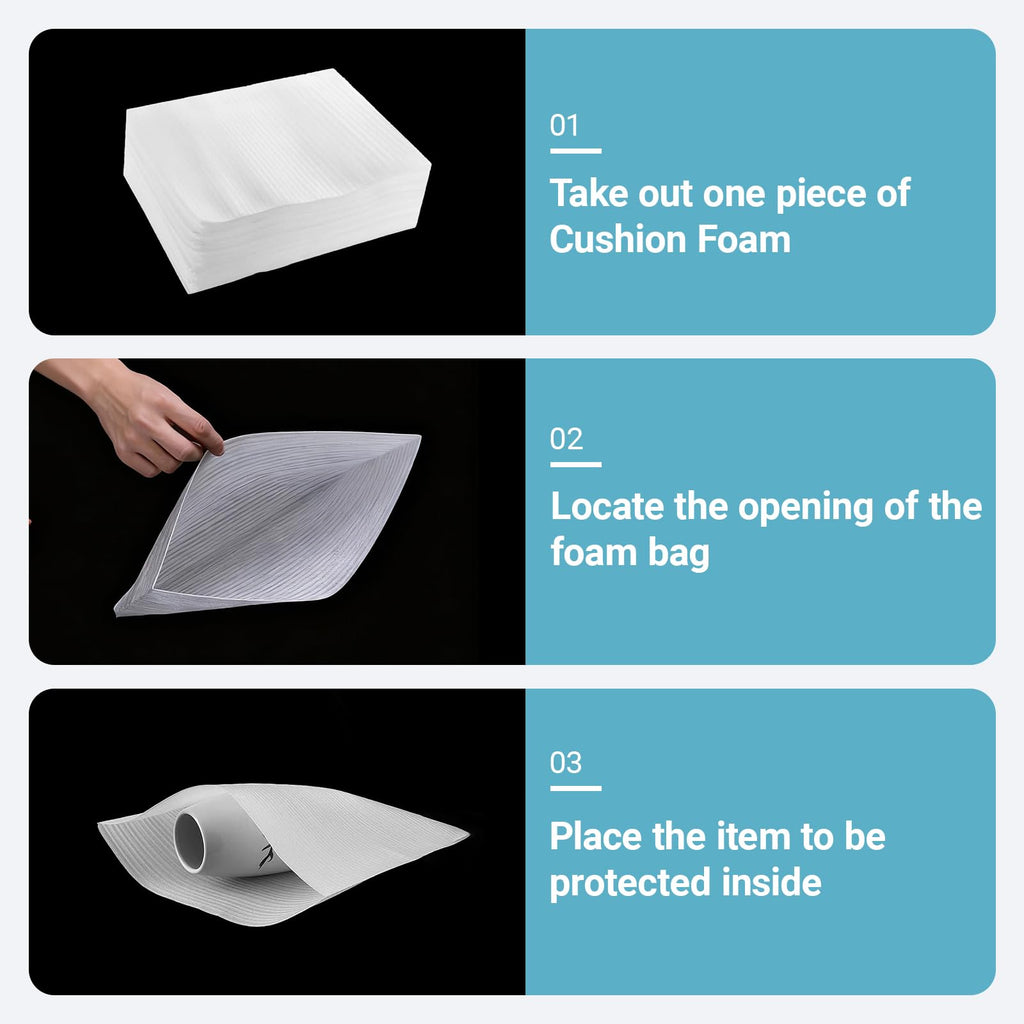 100 Pcs 12x12 inch Packing Foam Pouches Cushion Foam Wrap for Dishes, Cups, Glasses China Plate Mug Shipping Moving Cushioning Supplies Includes Fragile Stickers