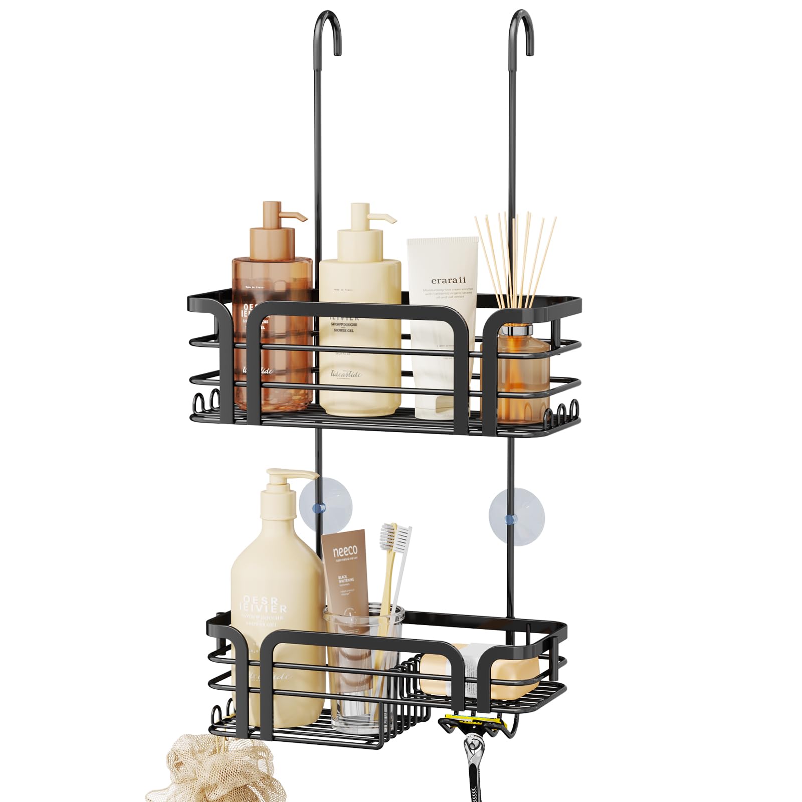 SWTYMIKI Shower Caddy Hanging - Over the Door Shower Caddy with Soap Holder, 11 Hooks, 2 Installation Ways, Stainless Steel Rustproof Shower Shelves, Black