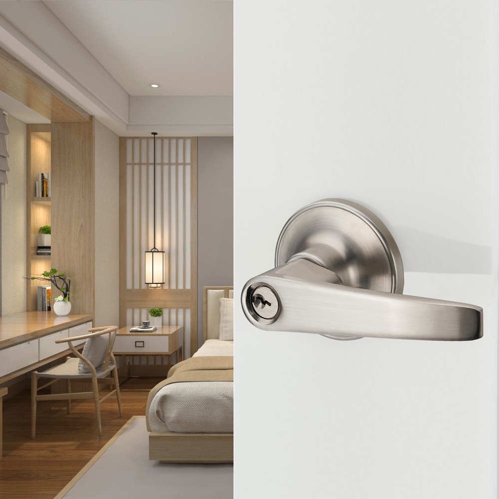 1 Pack of MANREN Lever Keyed Entry Door Lever Handle Lock, Universal Door Knob Hardware,Nickel Brushed Color (MR802-CA)