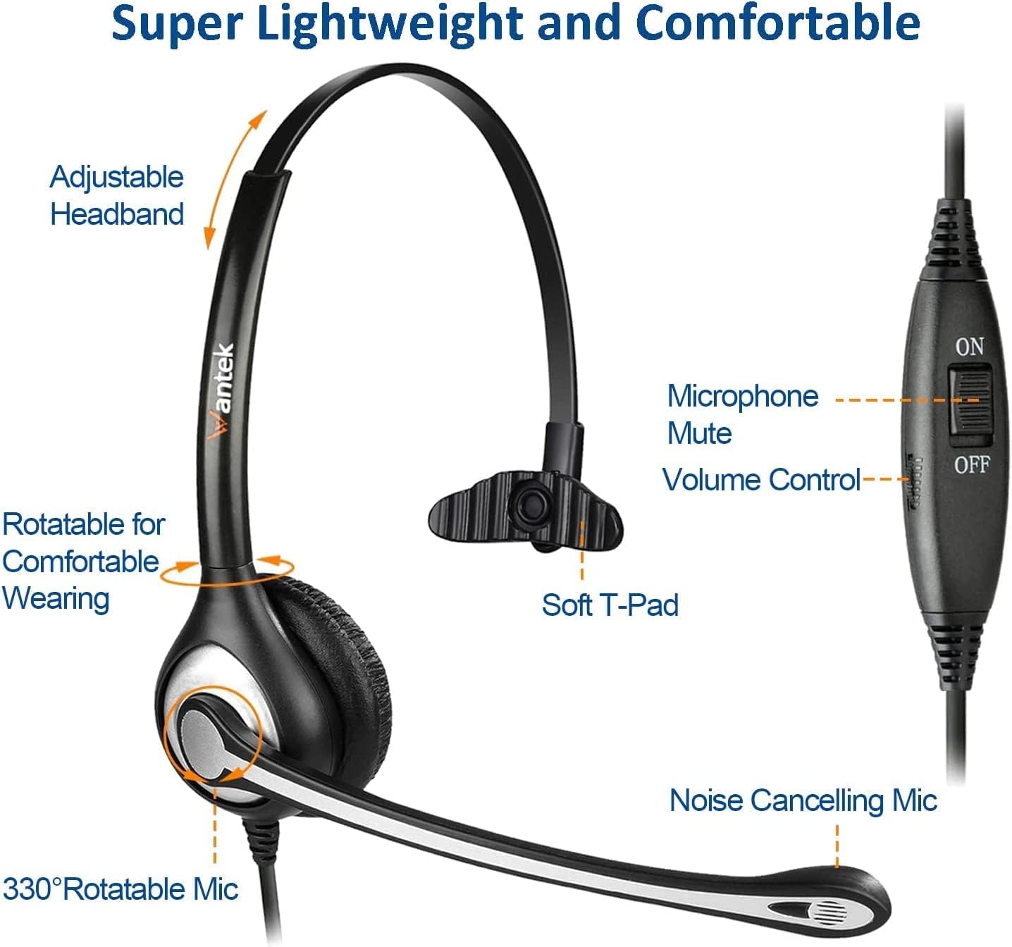 Wantek Cisco Phone Headset, RJ9 Phone Headset with Microphone Noise Cancelling Compatible Cisco Office Phones 7940 7942 7945 7960 7962 7965 7811 7821 8811 8841 8845 8851 Plantronics M12 M22 M10